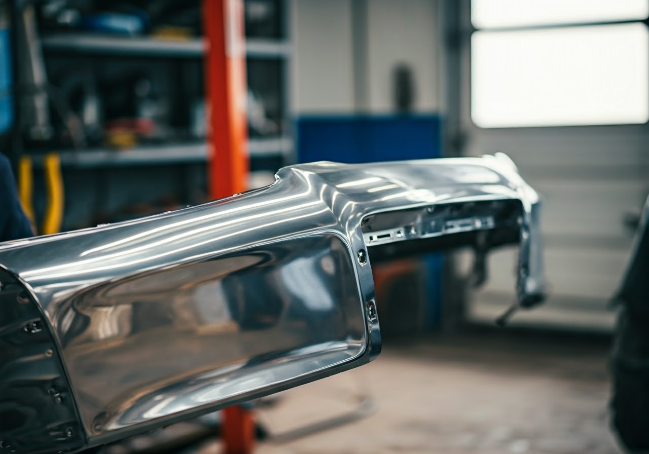 Technician repairing steel bumper